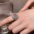 Detailed close-up view of a luxury open ring featuring a large pink square zircon stone - Adjustable Opening Style (HR3604-1) / Silver And Pink