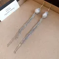Detailed view of long silver tassel earrings with pearl encased in delicate metal mesh. - Earring Hooks / Silver