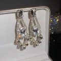 Elegant silver needle earrings with clear rhinestones and teardrop tassel design - Silver Earring Post Rectangular Teardrop Tassel Style (26#)