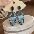 Elegant blue rhinestone and turquoise enamel teardrop hollowed earrings for a luxury aesthetic - Hollow Marquise Drip Oil Style (HE33742) / Blue