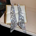 Elegant silver tassel earrings with sparkling rhinestones in a geometric dangle design - Silver Earring Post Rhombus Full Rhinestone Tassel Style (43#)