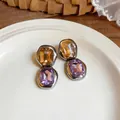 Detail view of French vintage silver needle stud earrings with amber and purple stones. - Silver Post - Amber Mixed Purple