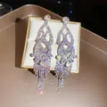 Luxurious silver rhinestone diamond shape tassel drop earrings with sparkling fringes - Silver Earring Post Colorful Rhombus Rhinestone Tassel Style (49#)
