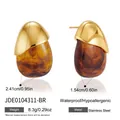 Detail of amber resin teardrop earrings in gold-tone stainless steel with measurements. - Amber Texture Patchwork Stud Earrings (JDE0104311-BR)