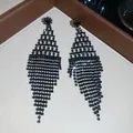 Glamorous black rhinestone chandelier tassel drop earrings with sparkling mesh jewelry design - Black Rhombus Grid Tassel Style (46#)
