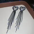 Elegant heart-shaped long tassel drop earrings featuring black and clear crystals - Silver Earring Post Heart Black Tassel Style (37#)