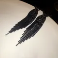 Elegant black rhinestone fringe earrings with long tassel strands and silver needle - Cross-Knot Tassel Style (32#)