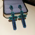 Retro luxury silver needle cross drop earrings with sparkling blue and black rhinestones - Cross Tassel Style (52#)