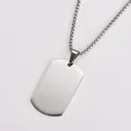 Close-up of a minimalist polished stainless steel blank dog tag pendant necklace for men. - Long Chain / Steel