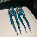 Elegant blue green gradient rhinestone tassel earrings in a retro circular design. - Triple Layered Ring Tassel Style (42#)
