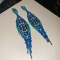 Dazzling blue and green rhinestone tassel earrings with a long diamond-shaped drop design - Blue-Green Gradient Rhombus Grid Tassel Style (60#)