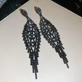 Elegant long black rhinestone tassel earrings with geometric diamond shape design - Multiple Rhombus Hollow Long Tassel Style (59#)