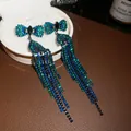 Elegant vintage blue and green rhinestone tassel earrings with silver needle posts. - Bowknot Peacock Blue-Green Tassel Style (36#)
