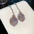 Luxurious silver needle drop earrings with pink and blue sparkling crystals in retro style - Pink-Blue Teardrop Rhombus Flower Tassel Style (71#)