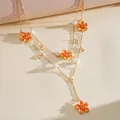 Elegant double-layered gold necklace featuring orange enamel flowers and white pearls - Stacked Set / Gold-Orange