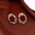 Elegant oval stud earrings with colorful cubic zirconia and gold-plated silver needle - Style 13