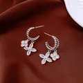 Elegant silver hoop earrings with marquise zircon flowers and clover charms - Style 17