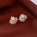 Elegant zircon and white flower stud earrings with gold plating on brown silk background - Style 19