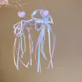 Detail of French style earrings with resin heart, ribbons, and beaded tassels. - Silver Needle / Purple-Multicolor