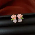 Elegant sweet style pink flower stud earrings with sparkling clear round zircon drop - Style 37