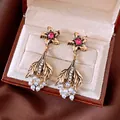 Vintage gold-tone floral drop earrings with pink crystals and pearls in luxury box - Style 46