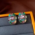 Elegant vintage-style colorful crystal oval stud earrings in a gold-tone setting for women - Style 47
