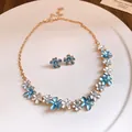 Elegant zircon flower necklace and stud earring set in blue and white for vacation style - Necklace + Earrings Set / Blue