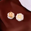 Elegant white rose flower stud earrings with a gold-tone finish for a sweet holiday look - Style 57