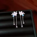 Elegant silver needle flower dangling earrings with blue zircon and long chain tassels - Style 65
