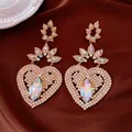 Luxury iridescent zircon heart dangle earrings with elegant flower stud design in gold - Style 76