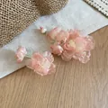 Macro detail of elegant pink fabric flower hair clips with delicate pearl stamens - Duckbill Clip (1 Pair) / Pink