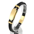 Vintage herenarmband van zwart gevlochten leer met een goudkleurige stalen plaat - Goud