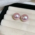 Elegantes pendientes de perlas redondas irisadas rosas con agujas de plata - 20mm / Poste de Plata - Rosa Irisado