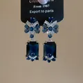 Detailed view of vintage royal style drop earrings with deep blue gemstones and zircon flowers. - Rectangular Zirconia Flower Earring / Silver Needle / 12# Silver Blue