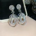 Elegant zirconia double oval drop earrings with brilliant sparkle and luxury feel - Double Layer Oval Pave Earring / Silver Needle / 21# Silver White