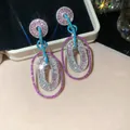 Elegant silver needle dangle earrings with multi-color zircons and blue accents - Multicolor Zirconia Double Oval / Silver Needle / 23# Silver Pink Blue