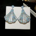 Exquisite fan-shaped zircon tassel earrings with pink flowers and light blue beads. - Blue Turquoise Fan Tassel / Silver Needle / 29# Silver-Blue