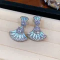 Elegant fan-shaped earrings with light blue enamel and sparkling cubic zirconia stones - Enamel Fan Flower Tassel / Silver Needle / 30# Silver-Blue