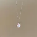 Close-up of a sweet Korean style stainless steel necklace with pink shell and green zircon pendant. - Iridescent Shell Zirconia Style (3#) / Pink Silver