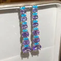 Elegant long silver needle earrings with purple zircon and turquoise accents - Purple Oval Long Drop / Silver Needle / 31# Silver Purple