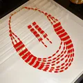 Detail of vintage palace style multi-layer red rectangle bib necklace and earring set - Red