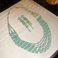 Vintage palace style turquoise rectangular necklace and earrings set in gold - Green