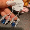 Vintage royal style long drop earrings with blue gemstones and 925 silver needles. - Square Sapphire Tassel / Silver Needle / Silver-Blue