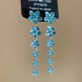 Elegant retro palace style silver needle flower earrings with sparkling blue zircon - Five-Flower Long Drop / Silver Needle / Blue