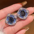 Vintage court style square flower stud earrings with deep blue and white zircons - Square Oval Main Stone Stud / Silver Needle / 44# Gunmetal White Blue