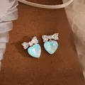 Elegant light blue iridescent heart stud earrings with shimmering zircon bow-knot - 41# Silver Needle - Silver - Blue