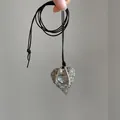 Vintage silver-tone wrinkled heart pendant necklace on a minimalist adjustable black cord - Letter Heart / Silver