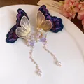 Detailed view of purple embroidered butterfly earrings with elegant pearl tassels - Butterfly Tassel Style / Purple