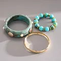 Detail view of 3-piece retro resin shell bangle and turquoise beaded bracelet set for women - 3-Piece Bracelet Set / Gold-Blue