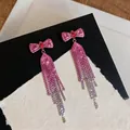 Pink gradient rhinestone bow tassel earrings with silver needle, elegant and sweet style. - Bow Tassel / Pink